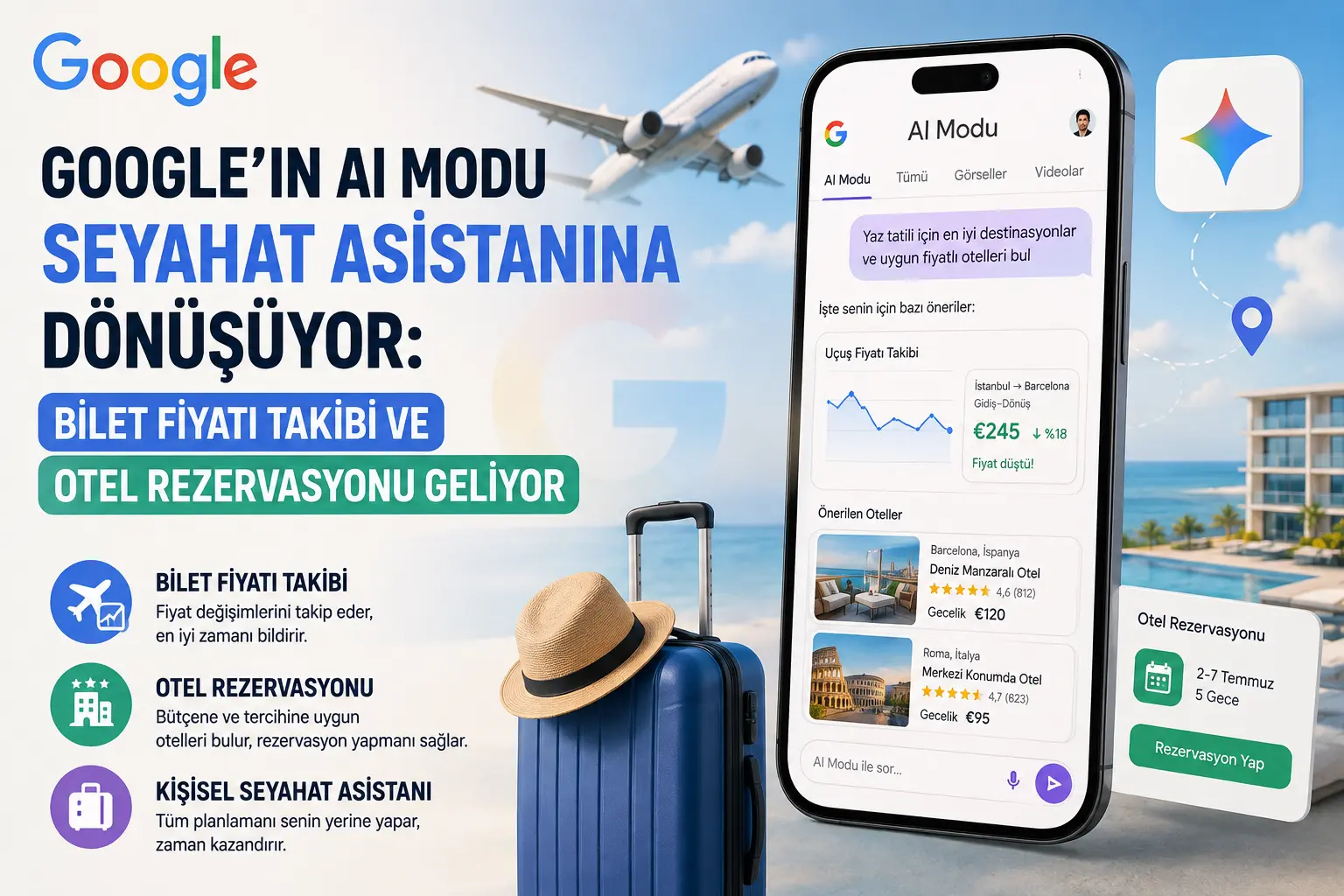 Google’ın AI Modu Seyahat Asistanına Dönüşüyor: Bilet Fiyatı Takibi ve Otel Rezervasyonu Geliyor